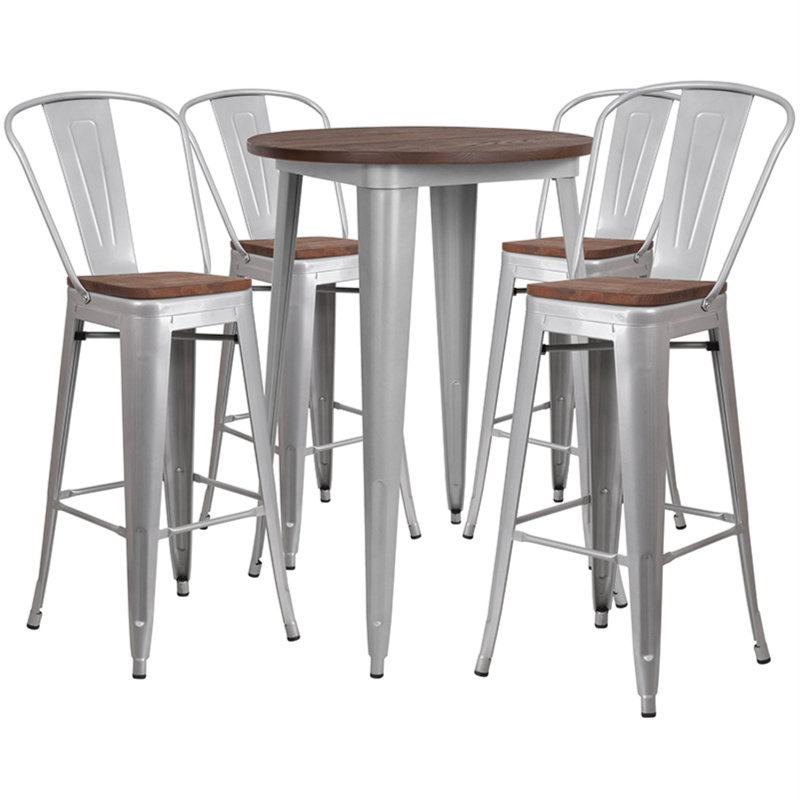 Ensemble de table de bar ronde en métal 30 po avec plateau en bois et 4 tabourets Lafonya, Argent