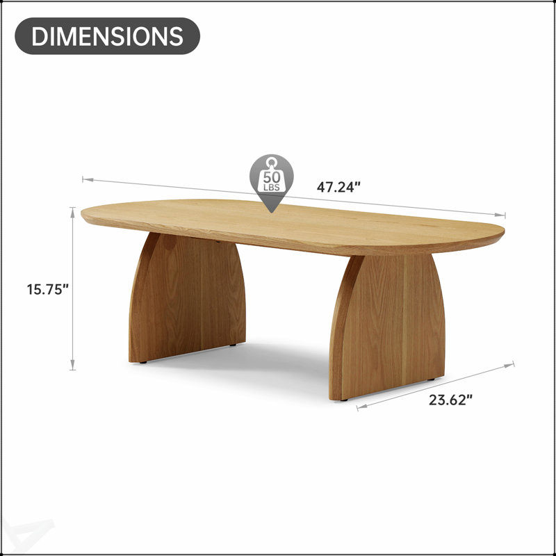 Table basse ovale de 47,24 pouces avec placage en bois massif, centre de table moderne en bois naturel pour le salon