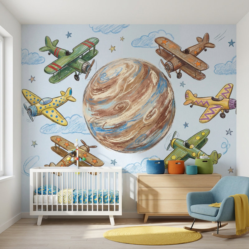 Space Airplanes Wallpaper Whimsical Planet Wall Mural, Peel and Stick, 200"x120"