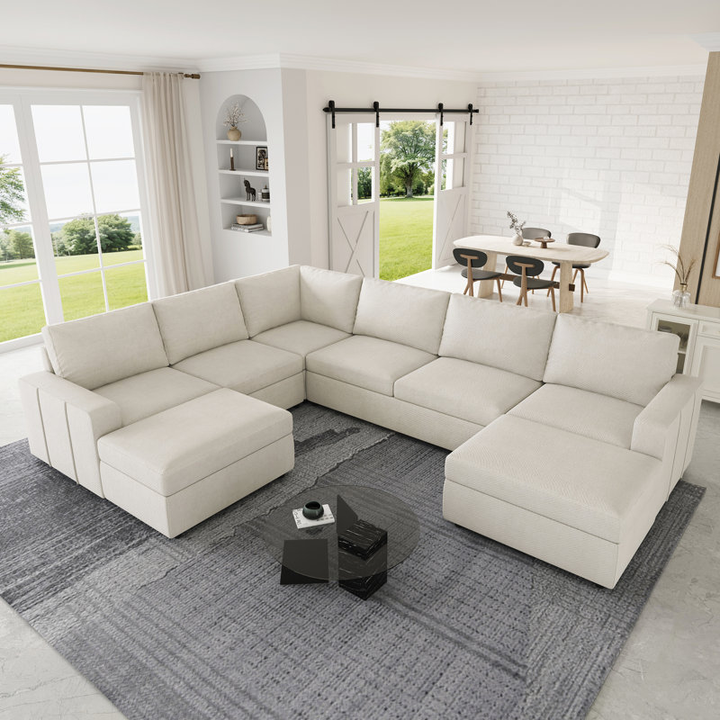 Storage U-Shaped Sectional Corner Sofa With Two Ottomans, Beige Chenille