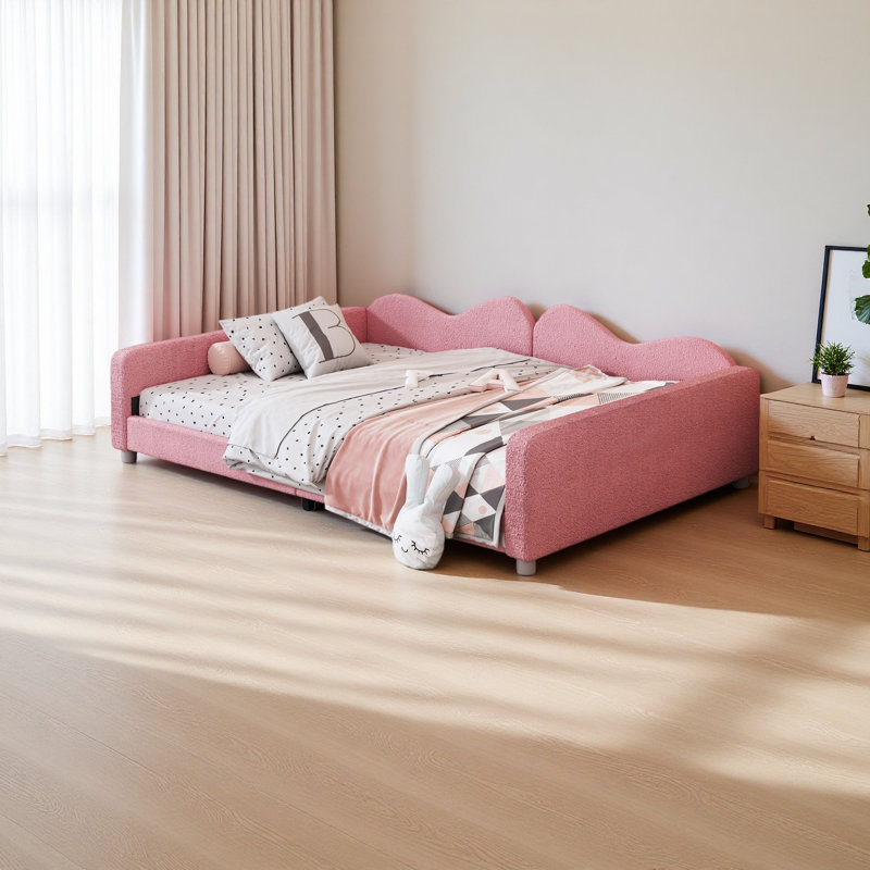 Upholstered Daybed, Sherpa Fabric Sofabed With Cloud-Shaped Backrest, No Box-Spring Needed, Full, Pink