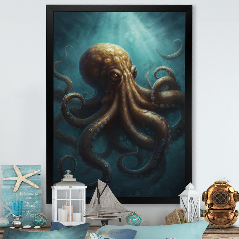 Pieuvre brune et bleue sous la mer sur toile, H 32 po x l 24 po x P 1 po, Cadre photo noir