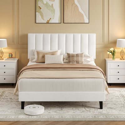 Full Size White Suede Upholstered Platform Bed Frame with Adjustable Tufted Headboard, Sturdy Wooden Slats, Noise-Free, No Box Spring Needed, Easy Assembly - White