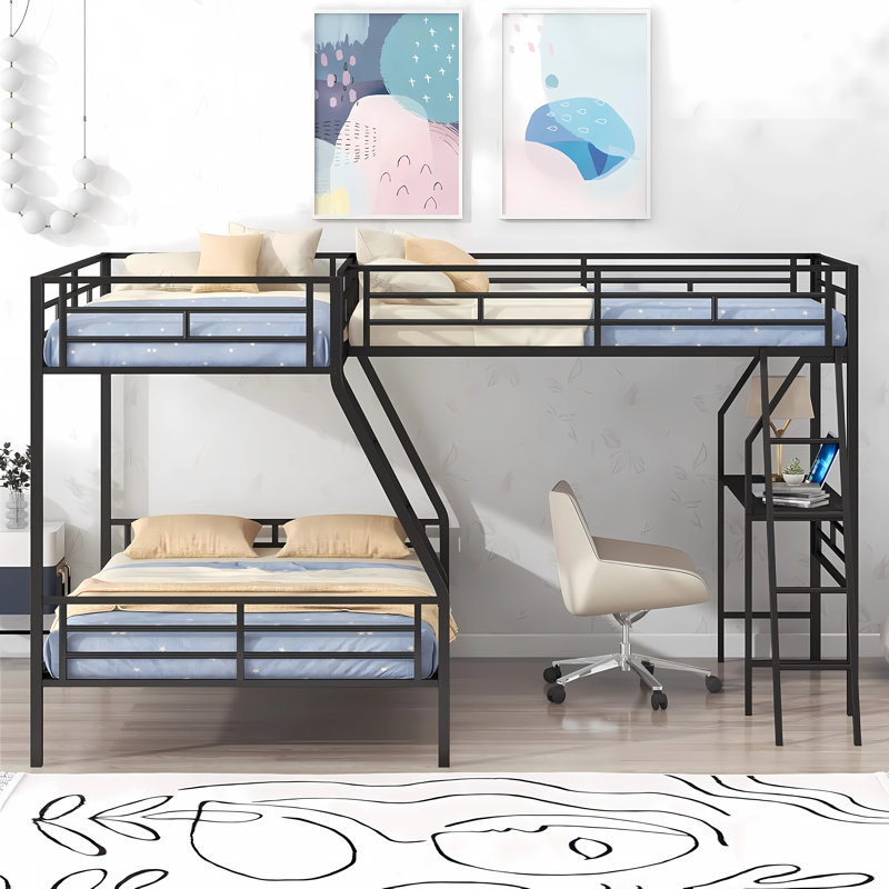 Lit superposé simple au dessus d'un lit double très grand en L noir avec bureau intégré