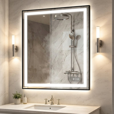 Black Aluminum Framed Front & Backlit LED Bathroom Vanity Mirror with Anti-Fog, Adjustable Brightness, 3 Color Temperatures & Tempered Glass