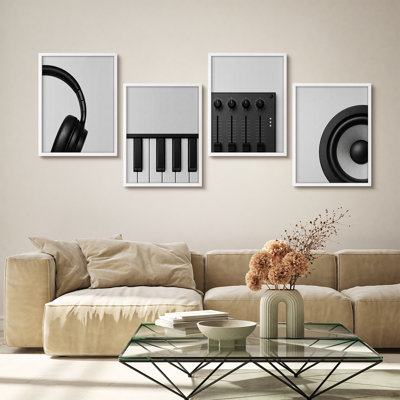 Minimal noir et blanc équipement de musique casque d'écoute clavier mélangeur haut-parleur encadré ensemble d'art de 4 - studio moderne chambre bureau salle de divertissement décor