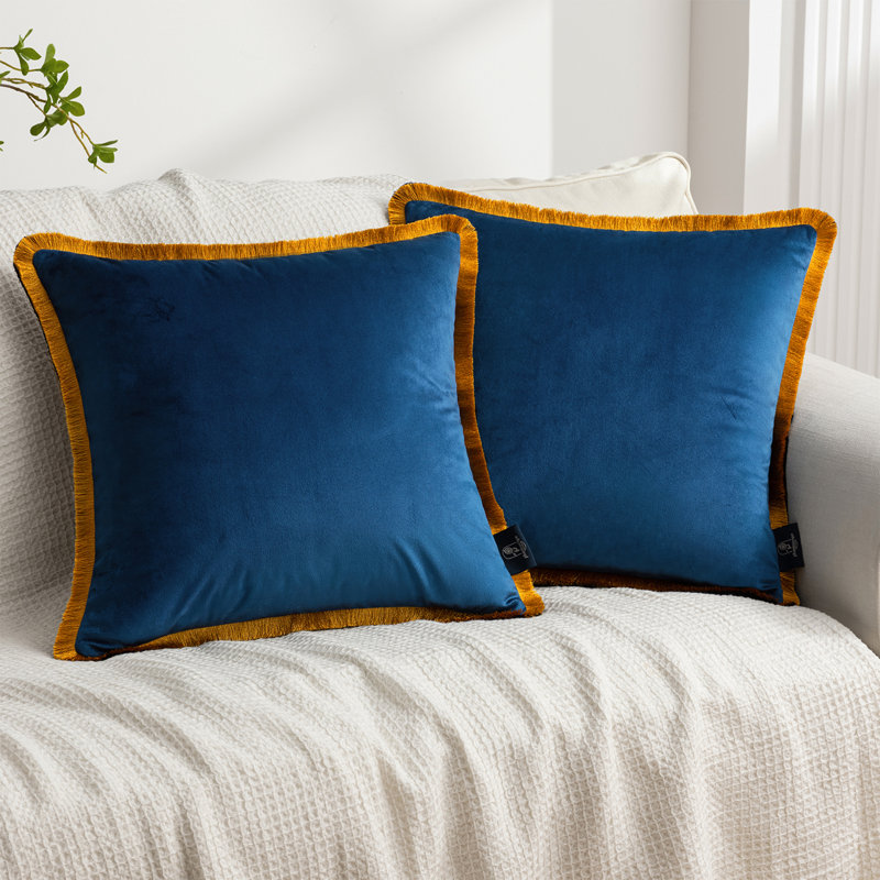 Housses de coussin en velours avec garniture de pampille contrastante, housse de coussin décorative carrée, Vert clair