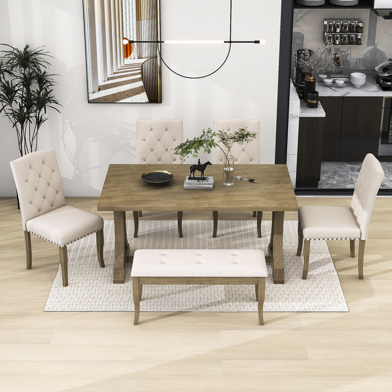 Tunnelhill 6-Piece Dining Set, Spacious Table with 4 Cushioned Chairs and Comfortable Bench, Natural Wood Wash