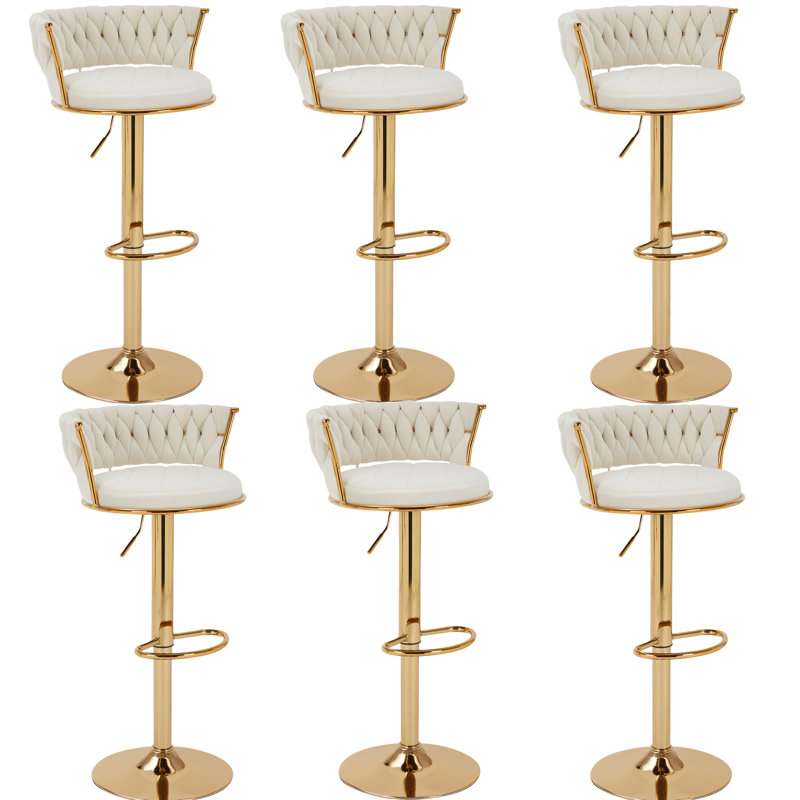 6 Pcs Upholstered Bar Stools With Woven Backrest, Height Adjustable Counter Stools Set Of 6, Swivel Kitchen Stools, White