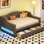 Lit de jour gris rembourré simple TG avec DEL sur les deux côtés, 2 tiroirs et chambre à coucher recouverte de lin avec un aspect rembourré pour un repos confortable-782826191