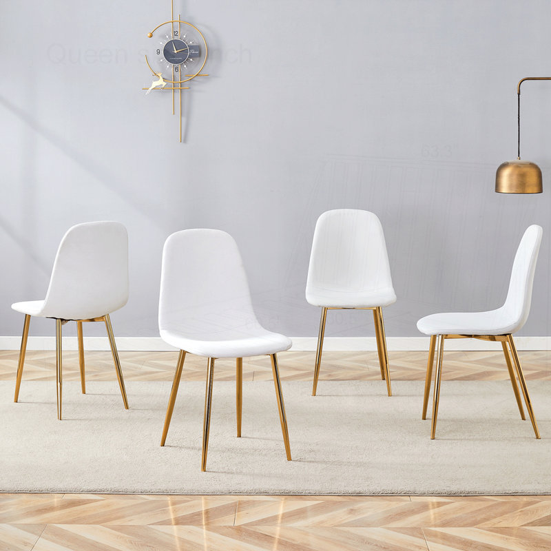 Chaise de salle à manger 4 matériaux à haute résilience avec pieds en métal, Blanc, Doré
