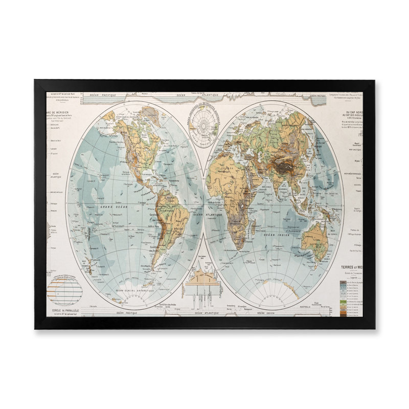 Ancienne carte du monde II - reproduction d'art sur toile, H 30 po x l 40 po x 1,5 po, Cadre noir