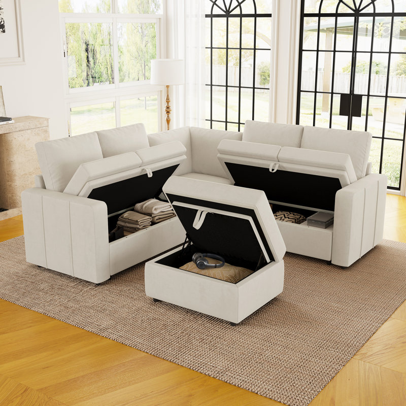 Ensemble de canapé modulaire en L Aubade, Velours beige