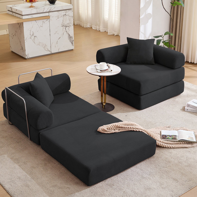 Canapé-lit modulaire convertible pour petits espaces, aucun assemblage requis, tissu en velours côtelé avec accoudoirs amovibles et structure de forme fixe