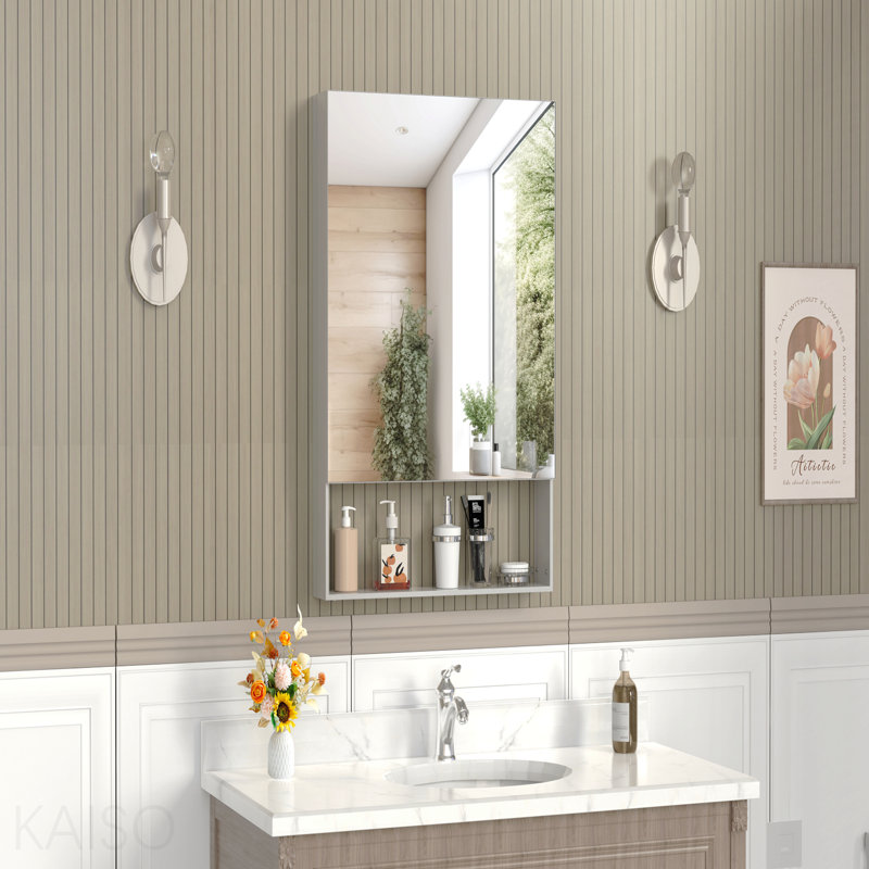 Armoire à pharmacie 24 po x 30 po avec miroir pour salle de bain, miroir de salle de bain mural avec rangement, tablettes réglables, cadre en aluminium, fixation en surface argent