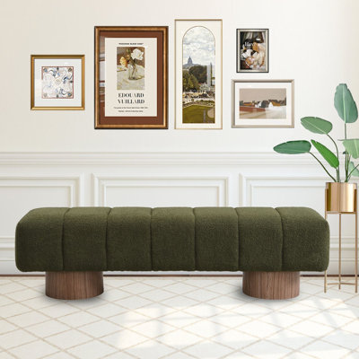 64" Modern Upholstered Bench entryway bench dining bench with Channel Tufted Boucle Fabric and Wood Cylinder Legs for Entryway or Bedroom Bench, dining area