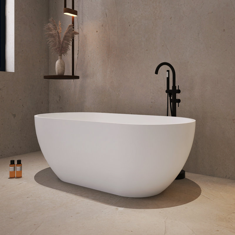 63 in. Freestanding Soaking Solid Surface Bathtub, Matte White