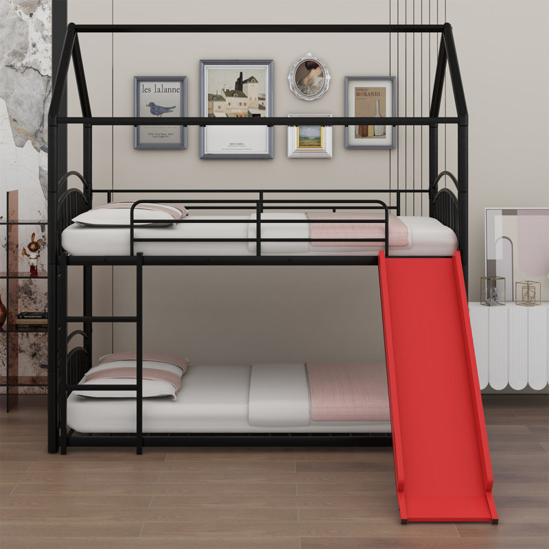 Rarden Kids Twin Over Twin Bunk Bed with Slide, Black/Red