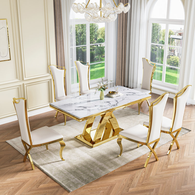 70.08" Rectangular Faux Marble Top Pedestal Dining Set, Gold, 7 Pieces: Table, 6 Chairs