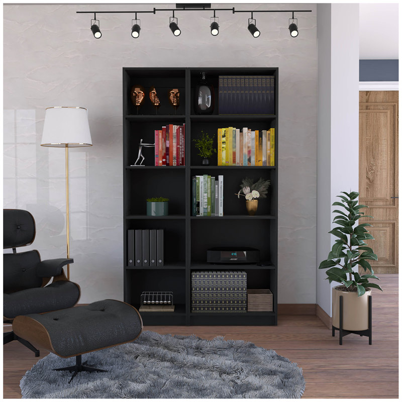Ensemble de bibliothèque 2 pièces Kenyon, 42 po de largeur avec 10 tablettes, ensemble de salon noir, Noir