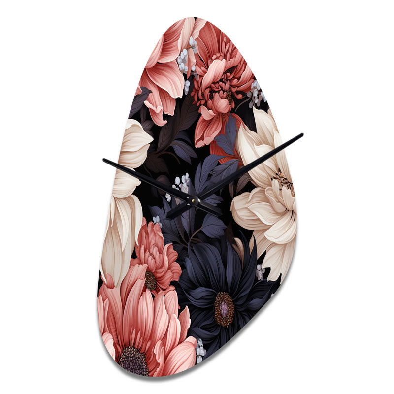 Motif de fleurs rose clair et rose - horloge murale asymétrique florale en métal, impression d'horloge murale de forme unique Cottage