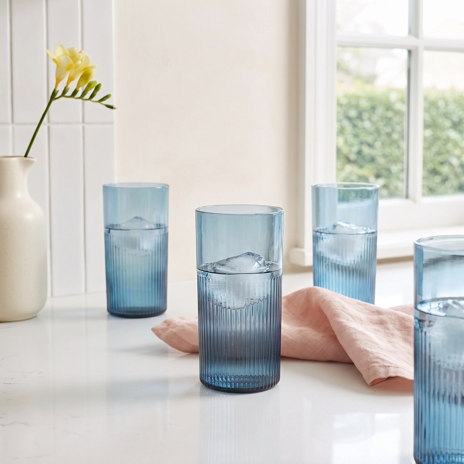 Lyon Sky Ribbed Drinking Glass, Lapis Blue
