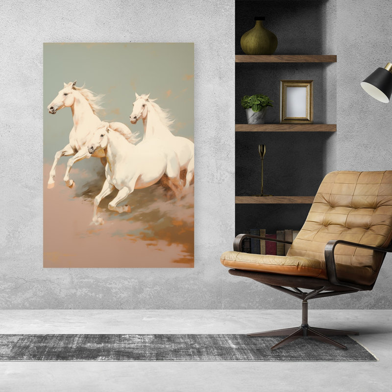 Art contemporain au galop, chevaux blancs au galop, paysage abstrait contemporain