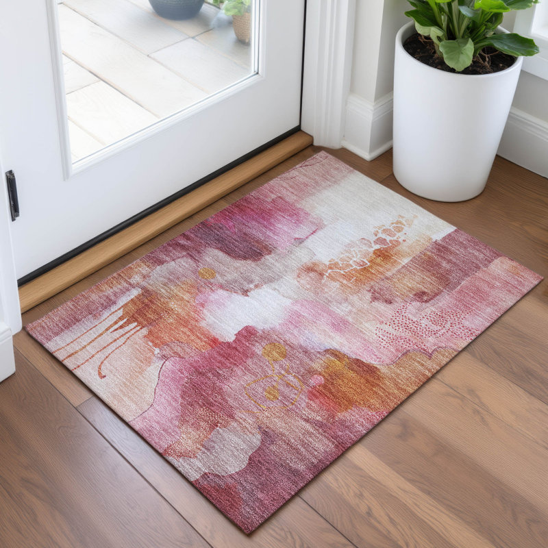 Machine Washable Indoor/Outdoor Xhevrie Pink Rug, Rectangle 1'8" x 2'6"