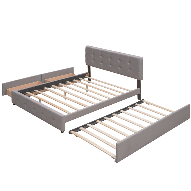 Lit plateforme tapissier avec 2 tiroirs et 1 lit gigogne simple TG, tissu de lin, grand lit - gris clair (OLD SKU: LP100314AAN)