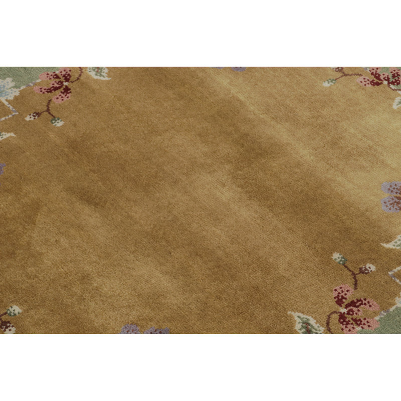 Rug & Kilim’S Chinese Art Deco Rug In Gold With Floral Pattern, Rectangle 10' x 14'