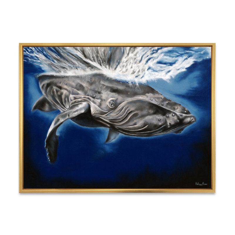 Portrait d'une baleine à bosse - Peinture sur toile, H 12 po x l 20 po x p 1 po, Cadre flottant doré