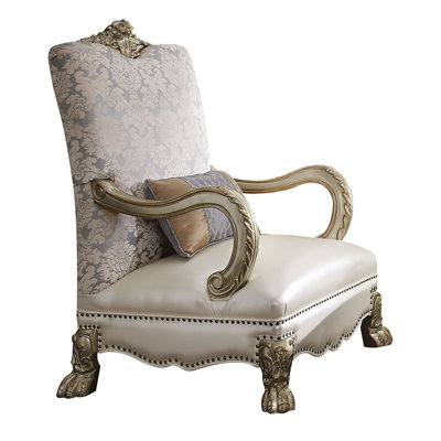 34" Pearl and Gold Faux Leather Floral Arm Chair And Toss Pillow