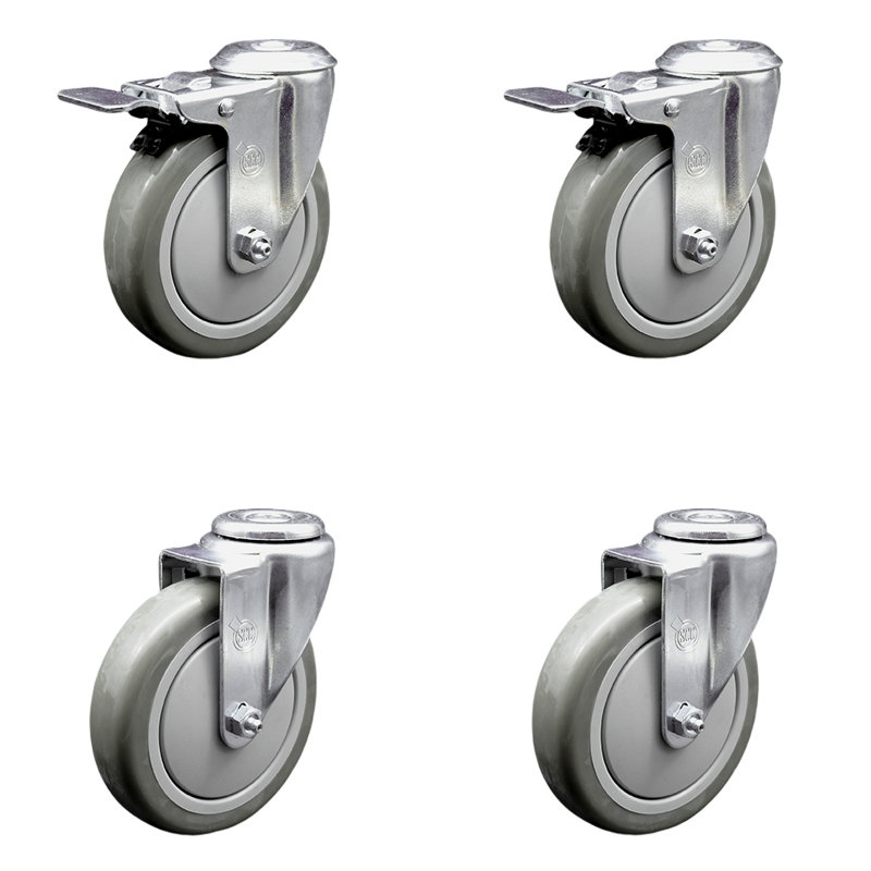 5 Inch SS Polyurethane Swivel Bolt Hole Caster Set with 2 Total Lock Brake, Grey