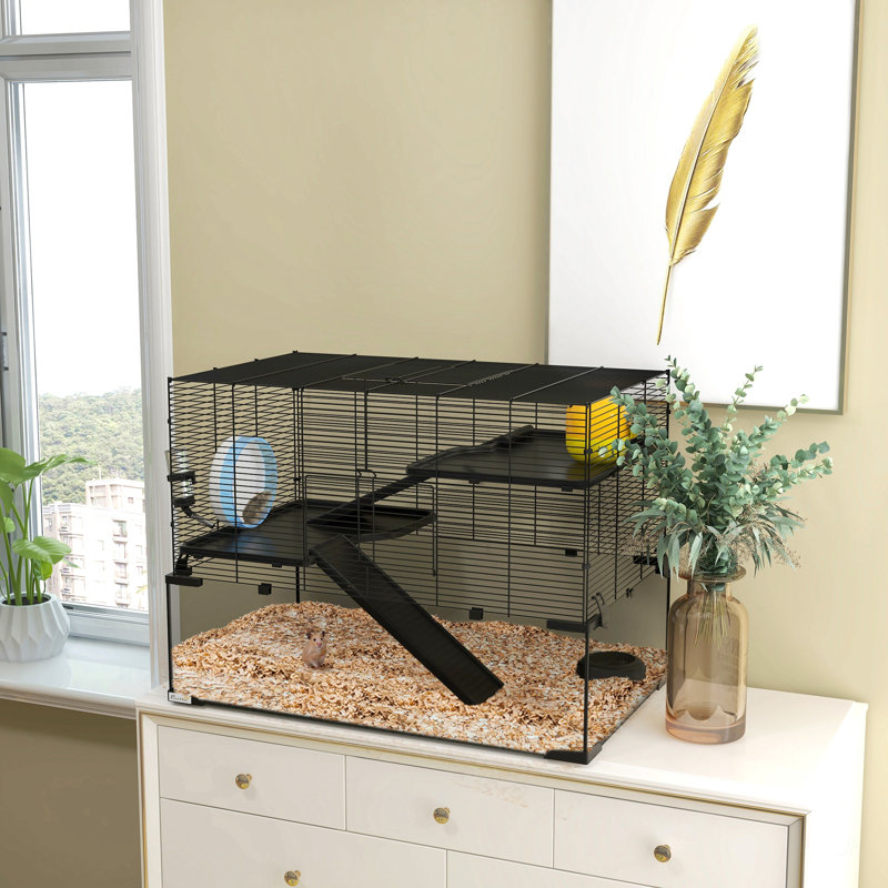 Cage à hamster Pawhut, cage à gerbille de 31 po avec bassin en verre, rampes, plateformes, cabane, roue d'exercice, pour petits hamsters, noir