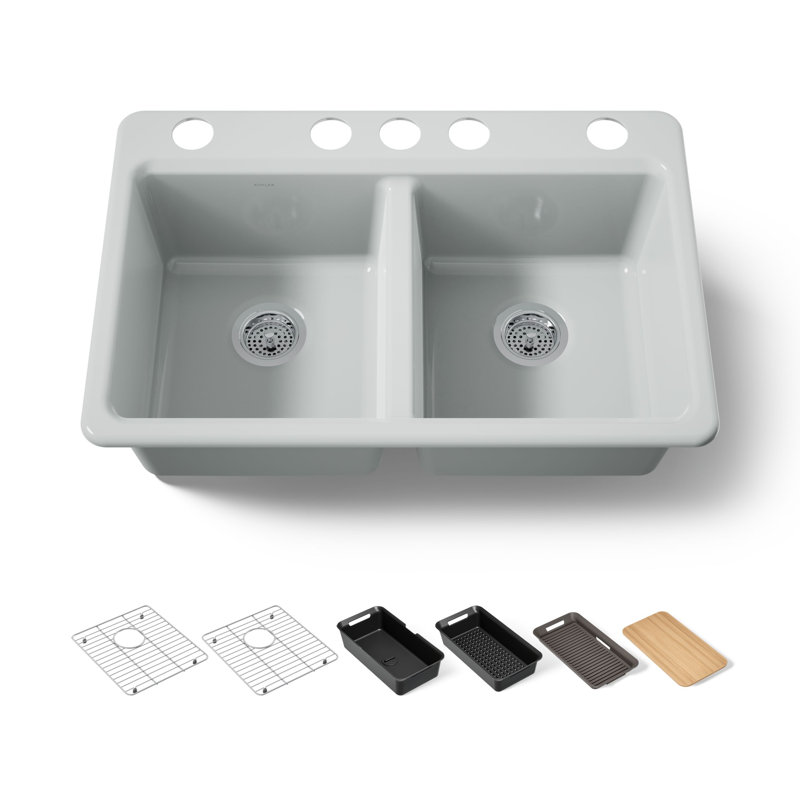 Riverby 33" undermount double-bowl workstation kitchen sink, Ice Grey