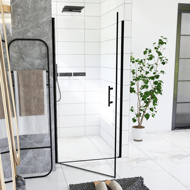 36"X 72" Pivot Shower Door, Matte Black Aluminum Frame, Half Frame ,1/4" Tempered Glass Explosion Proof Film