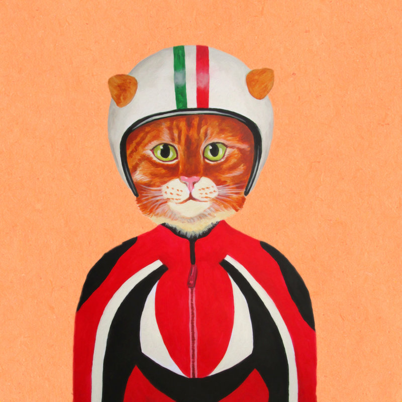 Chat avec casque - peinture sur toile tendue, H 30 po x l 30 po, Cadre flottant blanc, Non