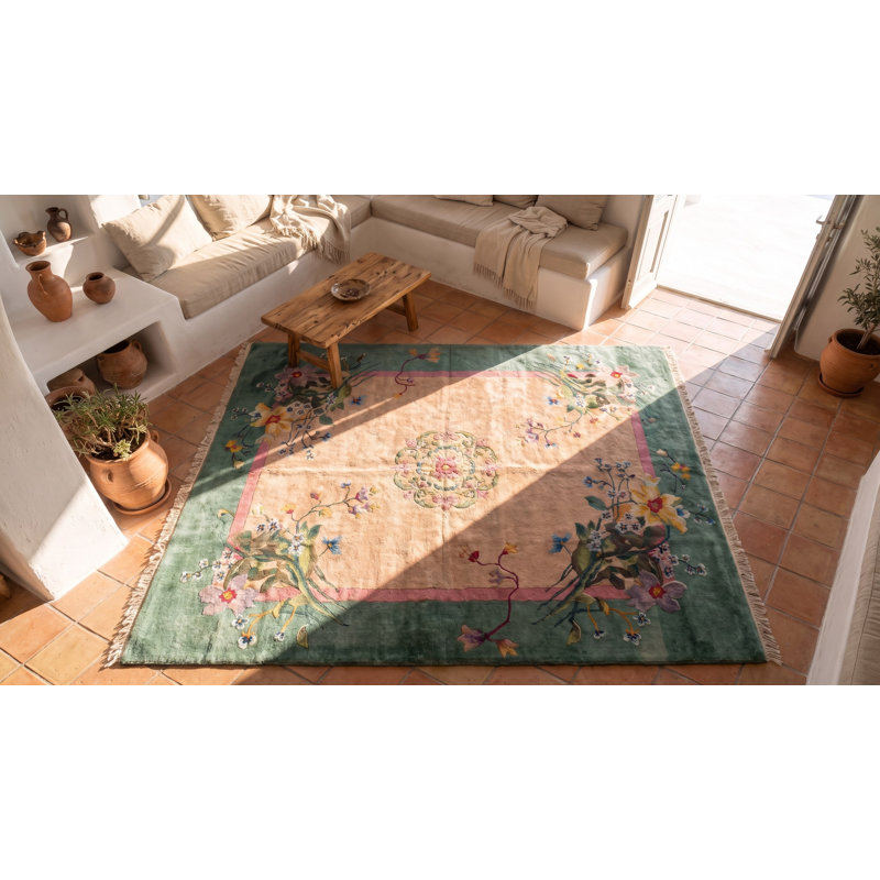 Tapis rectangulaire chinois en laine noué à la main Art déco ivoire des années 1920