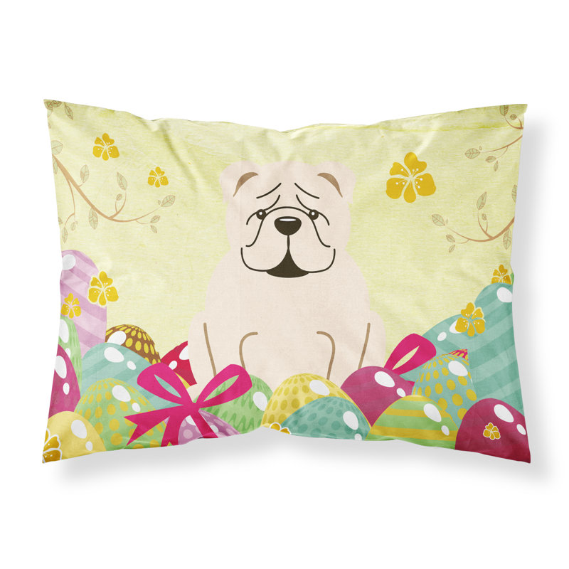 Taie d’oreiller œufs de pâques, Bouledogue anglais blanc