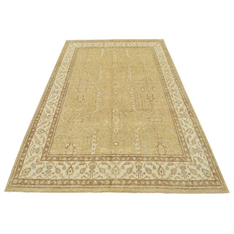 Tapis beige en laine noué à la main de conception unique 8 pi 10 po x 12 pi 1 po