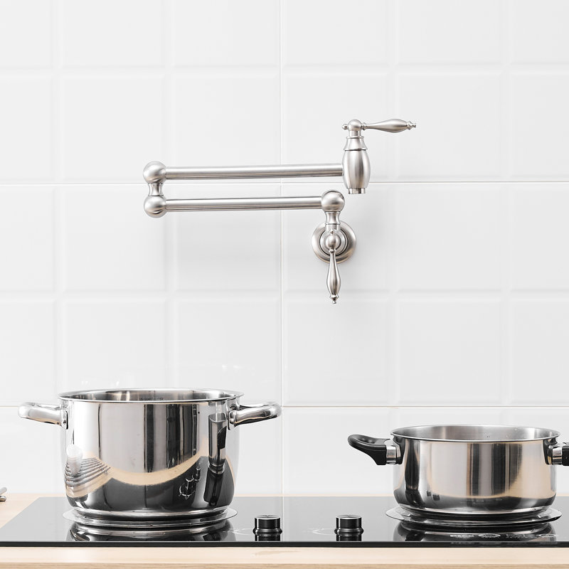 Commercial Kitchen Wall Mount Pot Filler Faucet, Brushed Nickel, Brass Material, Stretchable Double Joint Arms, Style A, Classic Design, Leak - , 360 Rotation, Dual Handles Filler, Mounted Faucet