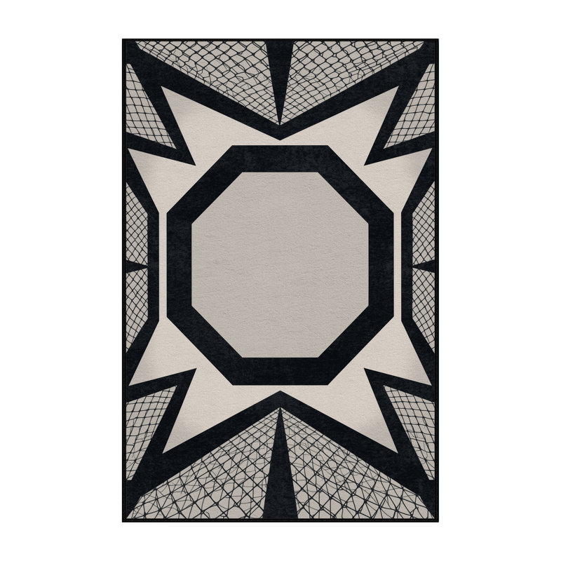 Machine Washable Aguilar Mixed Martial Arts Octagon Scene Modern Geometric Rug in Gray – Black Binding, 6x9