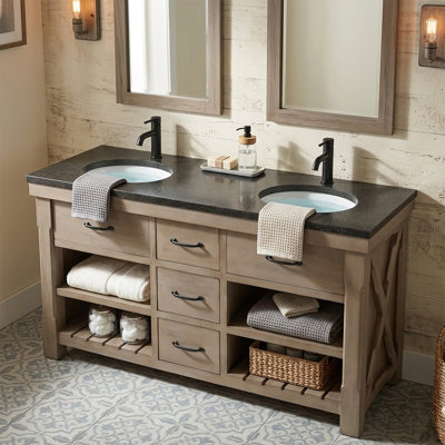 60" Deluxe Three Drawer, Double Vanity In Natural Wood Finish And Black Marble Top