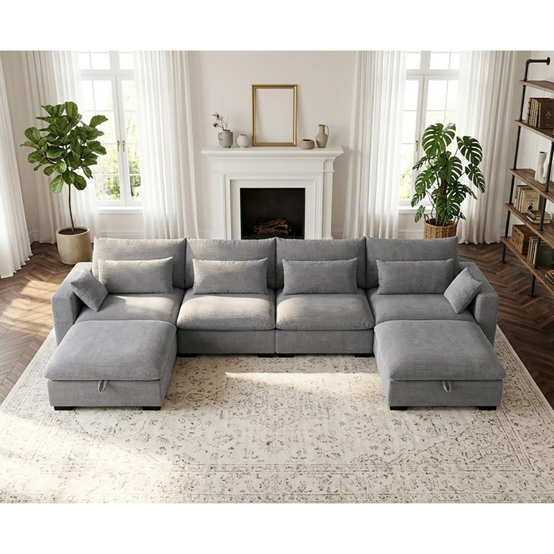 Oversized Corduroy Modular Sectional Sofa With Storage Ottomans, Light Gray Polyester Blend