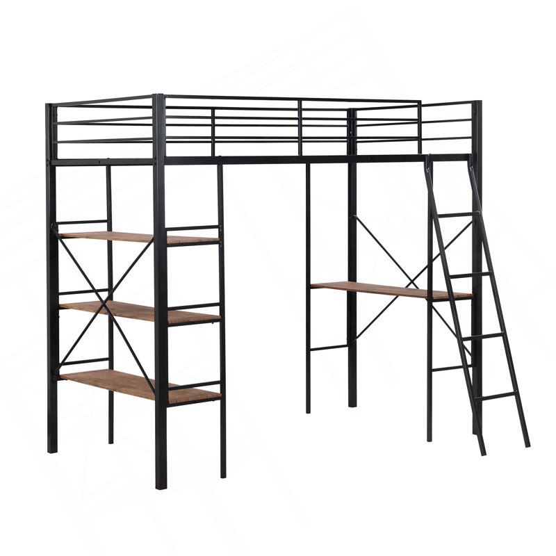 Lit mezzanine en métal avec tablettes et bureau