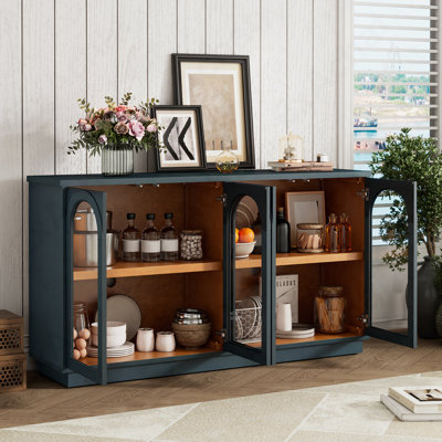 Large Storage Arched Buffet Cabinet, 4-Door With Glass Panels & Adjustable Shelves, Multi-Purpose For Kitchen Dining Living Room