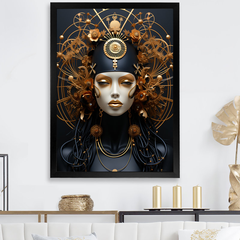 Femme dorée et noire déesse Aura III - déesse, art mural, Cadre simple noir, H 32 po x l 16 po x P 1 po
