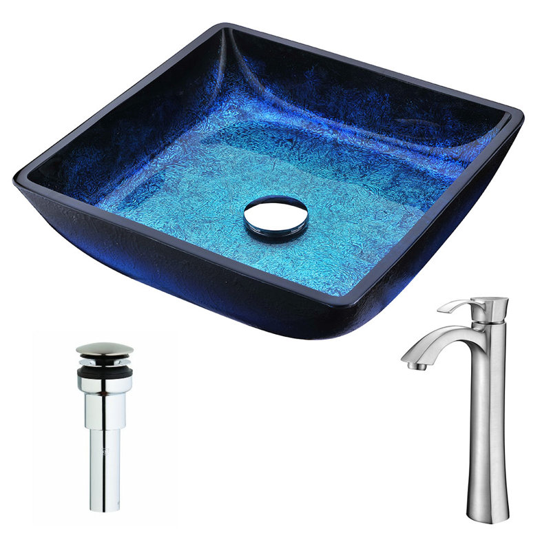 Blazing Blue Tempered Glass Square Vessel Sink with Brushed Nickel Faucet