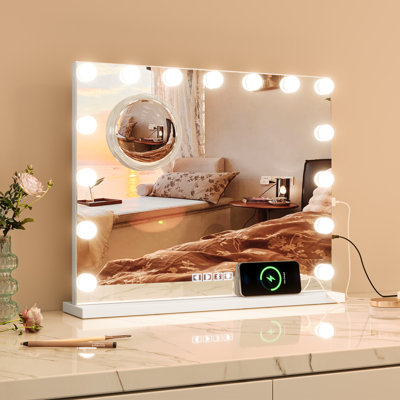 Miroir de meuble-lavabo carré 23 * 18 "à DEL - Miroir de maquillage 3 couleurs à intensité variable avec rotation à 360 °, luminosité réglable, fonction mémoire, cadre en aluminium, miroir de table pour la salle de bain, la chambre à coucher