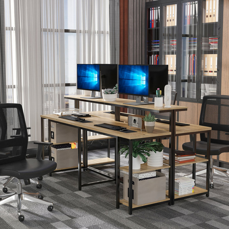 Bureau double 78,75 pouces pour deux personnes, long avec tablette et support pour écran, bureau uni brun clair, table d'ordinateur de style industriel, bureau à domicile deux, supplémentaire et bâton